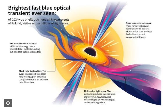 AT 2024wpp، درخشان&zwnj;ترین &laquo;رویداد گذرای نوری آبی سریع&raquo; (FBOT) که تاکنون مشاهده شده و سازوکار محتمل پشت خروجی انرژی فوق&zwnj;العاده آن را به تصویر می&zwnj;کشد. (اعتبار تصویر: NOIRLab/NSF/AURA/R. Margutti/P. Marenfeld)  این تصویر معمولاً شامل اجزای بصری مانند یک کهکشان دوردست (که میزبان رویداد است)، نقطه&zwnj;ای بسیار درخشان در لبه آن (نمایانگر خود FBOT)، و یک نمودار شماتیک برای توضیح فرآیند فیزیکی است. توضیح کلی مکانیسم پیشنهادی به شرح زیر است:  			</div>
			<div class=